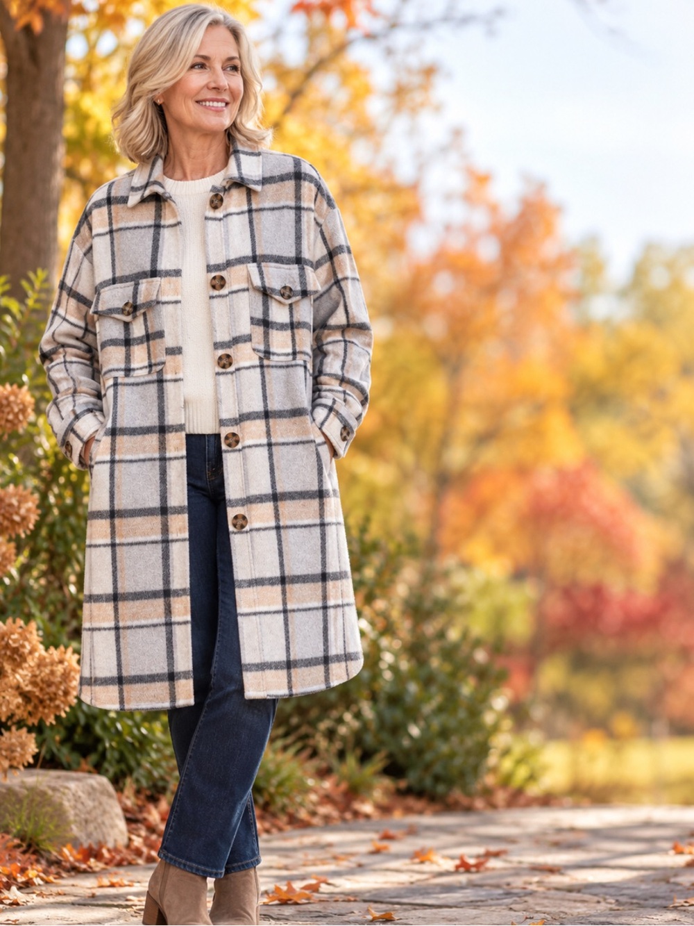 Plaid Button-Front Long Shirt Unlined Fleece Coat-Gray Plaid